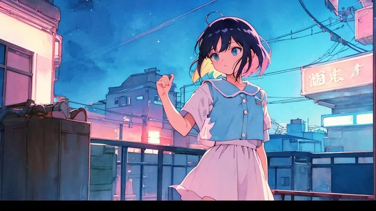 (praise), Anime girl looking at the sky from the balcony of an old house, Lo-fi image,Retro, flat,2.5D, Night Light, Rooftop view, Neonscape, Beautiful colorful night sky,performer ,Analog Color Theme, Fantasy ,Line art, Ink drawing, Big incline, watercolo...