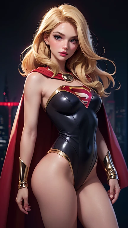 realistic, best quality, (masterpiece:1.2), absurdres, (1girl, solo), fashion photography of superhero, lips, small breasts, beautiful, makeup, mascara, lip gloss, blonde hair, a beautiful woman wearing Supergirl Costume, red cape, full body portrait, soft...