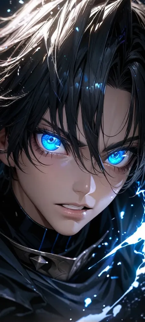  High quality, ultra realistic,absurdres, highres, ultra detailed, HDR, masterpiece, extremely detailed face and eyes,  Sagitarius Seiya, Saint Saiya , Dark Armor, solo, ,man, handsome, ,white eyeleshes, blue eyes , villain expresion, black splashing effec...