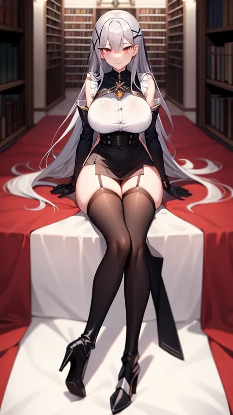 absurdly long hair, ankle length hair, silver hair, large breasts, slim waist, wide hips, hourglass figure, (perfect body proportions), slim legs, micro skirt, rainbow eyes, (x shaped pupils), thigh high socks, (garters), sitting, library, gemstone necklac...