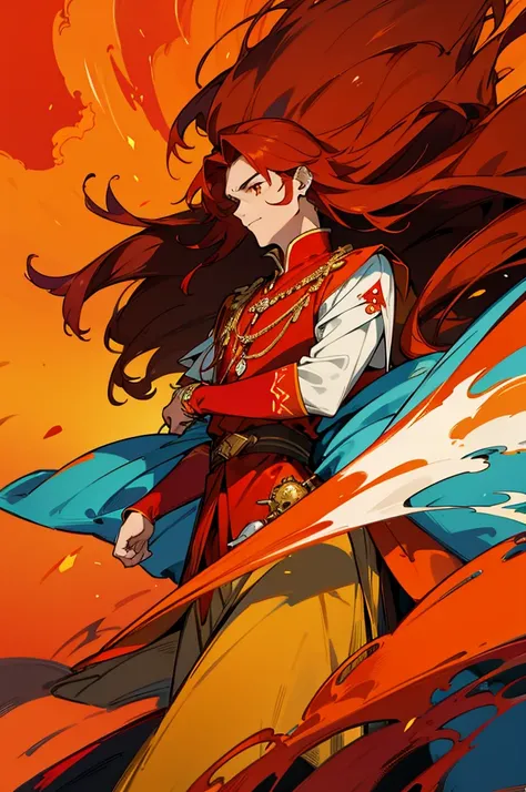 High-quality digital painting of a young man with long flowing brown hair and piercing orange eyes, adorned in majestic royal attire, controlling vibrant flames with a single pair of enormous crimson wings sprouting from his back, intense and powerful, det...