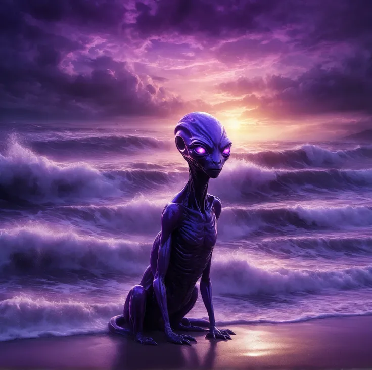 shadowlike aura surrounding an alien creature with big expressive lavender eyes and melancholic expression, beach sunset background, rough waters, nightmarish stormy weatish, highly detailed,  gloomy melancholic atmosphere,  