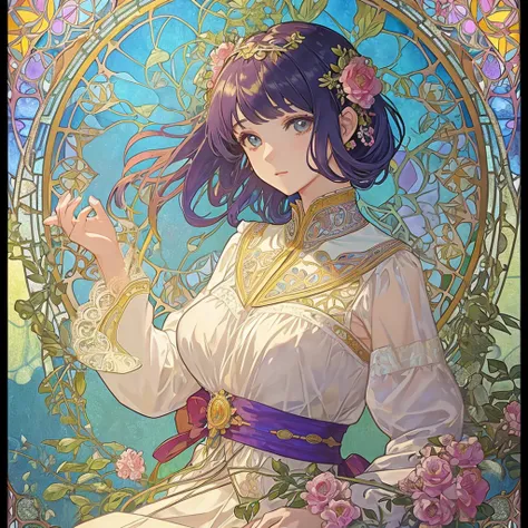 (((1 girl ))), masterpiece, highest quality, beautifully、aesthetic: 1.2, gem, Quality lace, Detailed frame, Flowers, leaf, A beautiful girl fits into the frame, Alphonse Mucha Style, Transparent and beautiful stained glass background,  rainbow colorful hai...