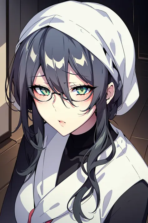 ((4k,masterpiece,best quality)), 1girl, adult, adult woman, solo, black hair with red highlights, yellow eyes, look at viewer, naval uniform, glasses, bags under eyes, tired, medium hair, serious