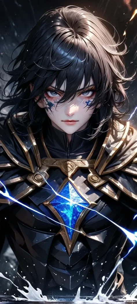  High quality, ultra realistic,absurdres, highres, ultra detailed, HDR, masterpiece, extremely detailed face and eyes,  Sagitarius Seiya, Saint Saiya , Dark Armor, solo, ,man, handsome, ,white eyeleshes, black eyes , villain expresion, black splashing effe...