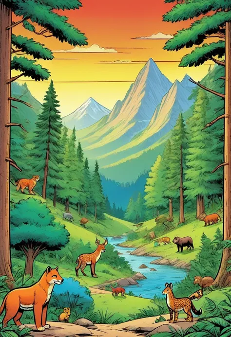 Comic Book, animals, in the forest, trees, mountain,