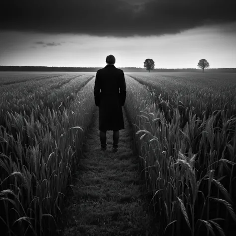 A black and white photo，In the photo, a person stands alone in the field, &quot;lonely dark figure&quot;!!, author Leo Leuppi, author：Ibrahim Kodra,  landscape, author：Matthijs Nevi, author：Matthias Wescher, author：Dariusz Zawadzki, author：Wojciech Gelsen,...