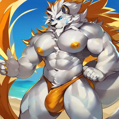 Solo, Anthro, male (((solgaleo, lion, blue sclera, muscular, big pecs, abs, yellow nipples, white fur, grey body, black nose, multicolored body, multicolored fur, multicolored mane, white mane, mane, grey pecs, grey chest, grey abdomen, white arms, white l...