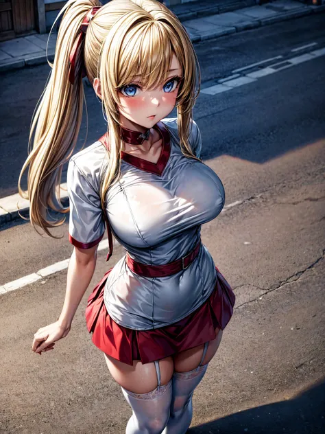 1girl,masterpiece,best quality,blonde hair,(short ponytails),blue eyes,(white stockings),(dark red skirt),standing,in full length,medium breasts,white t shirt,in front of streets,extremely detailed,[[realistic]],beautiful alluring anime teen,seductive anim...