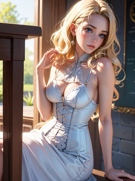 Full figure best quality, 4k, 8k, high resolution, masterpiece: 1.2), ultra detailed, (realistic, photorealistic, photorealistic: 1.37), wearing a sexy white lace victorian dress, beautiful detailed blue eyes, beautiful blonde hair detailed, beautiful deta...