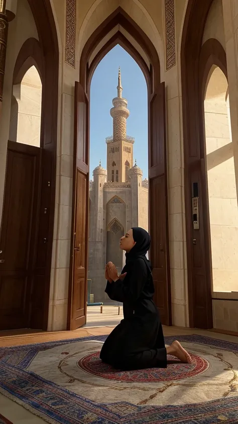 
A young Muslim woman kneels on a prayer mat, with her hands raised to the sky and her eyes closed in solemnity. Surrounding it, a serene prayer room with calligraphic decoration and soft light from the windows spills in, creating a spiritual atmosphere. I...