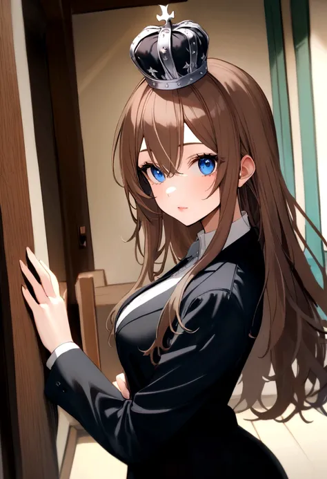 (Highest quality)(1 woman,single,long hair,brown hair,blue eyes,sexy figure ,Black suit shirt,There is a small silver crown on the head.,Turn to look at the viewer,The background of the balcony on the building) look back