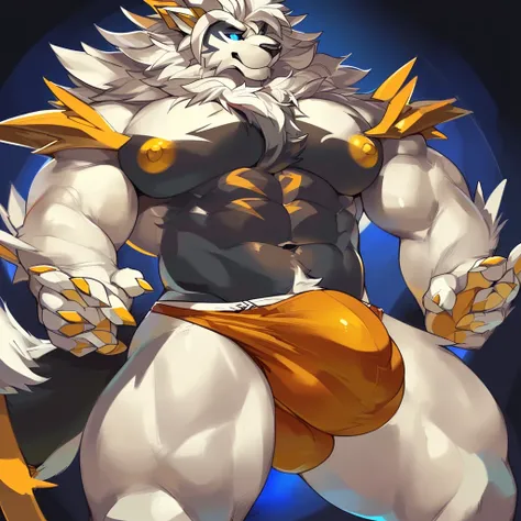 Solo, Anthro, male (((solgaleo, lion, blue sclera, muscular, big pecs, abs, yellow nipples, white fur, black body, black nose, multicolored body, multicolored fur, multicolored mane, white mane, mane, grey pecs, black chest, black abdomen, white arms, whit...