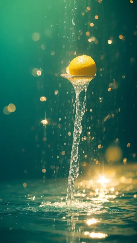 Summer Dream，The faucet washes the fruit in the sink，Dreamy lighting，The scattered water drops float in the air and sparkle in the sun，HD，Details，Best quality