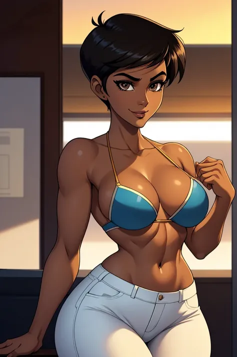 ((ultra quality)), ((masterpiece)), Lois Lane, cute smile, smile, ((black short hair tomboy hairstyle)), (Beautiful face), (beautiful female lips), (), charming, ((sexy facial expression)), (Dark skin color), (dark skin), glare on the body, ((detailed beau...