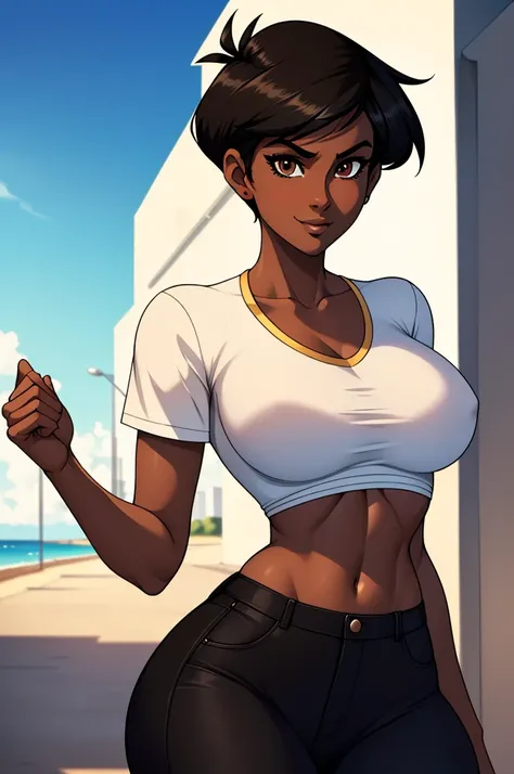 ((ultra quality)), ((masterpiece)), Lois Lane, cute smile, smile, ((black short hair tomboy hairstyle)), (Beautiful face), (beautiful female lips), (), charming, ((sexy facial expression)), (Dark skin color), (dark skin), glare on the body, ((detailed beau...