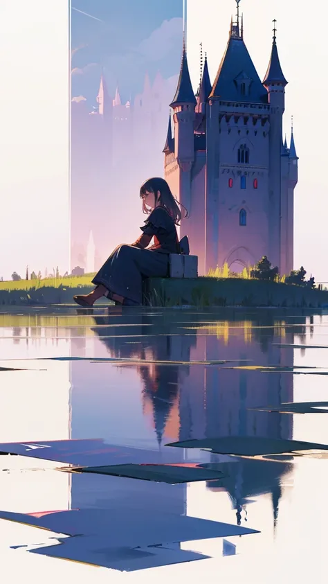 Abandoned castle facing the lake, Girl sitting on the water，Another boy emerged from the water，Reflecting the glorious years，The girl&#39;s reflection appears as a girl&#39;s lover，，Silhouette，Back，High contrast light，The lower part of the picture is a boy