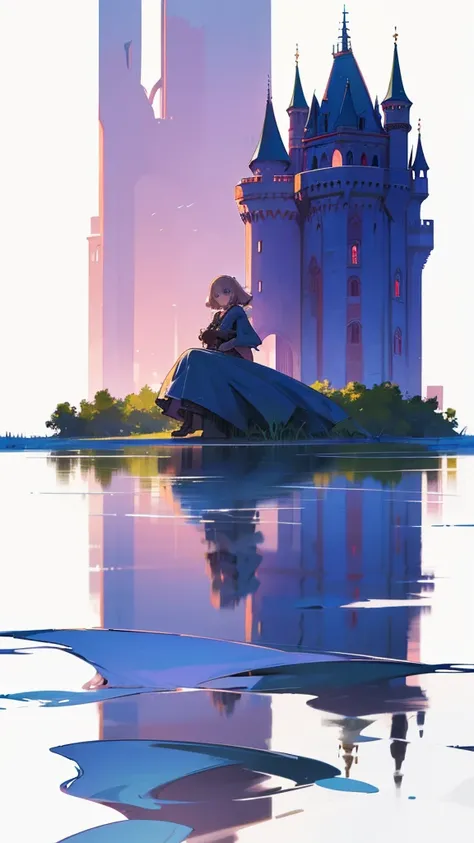 Abandoned castle facing the lake, Girl sitting on the water，Another boy emerged from the water，Reflecting the glorious years，The girl&#39;s reflection appears as a girl&#39;s lover，，Silhouette，Back，High contrast light，The lower part of the picture is a boy