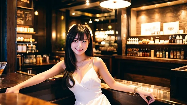 ・A hostess in a Bukicho club ・A Japanese woman in her 20s ・Wearing a gorgeous white dress ・Serving customers while sitting on a chair ・A luxurious atmosphere inside the store