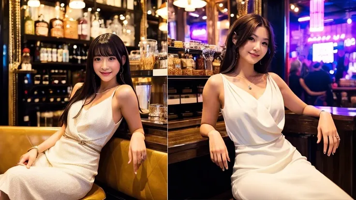 ・A hostess in a Bukicho club ・A Japanese woman in her 20s ・Wearing a gorgeous white dress ・Serving customers while sitting on a chair ・A luxurious atmosphere inside the store