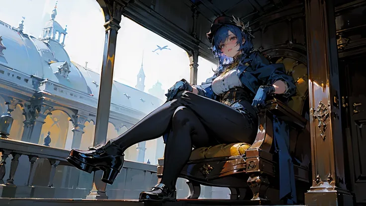 ((best quality)), Jewelry Packaging)),((1 Obese girl))，yacht，Cross your legs，Dark blue hair，Luxurious details everywhere，inside a train，Platform shoes，((Gloves))，（Nikolai Fehin），( Fisher, )，The background is the reservoir