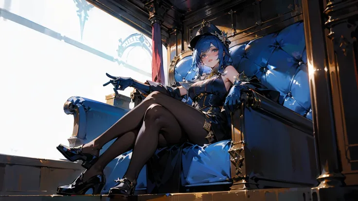 ((best quality)), Jewelry Packaging)),((1 Obese girl))，yacht，Cross your legs，Dark blue hair，Luxurious details everywhere，inside a train，Platform shoes，((Gloves))，（Nikolai Fehin），( Fisher, )，The background is the reservoir