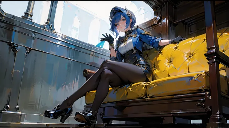 ((best quality)), Jewelry Packaging)),((1 Obese girl))，yacht，Cross your legs，Dark blue hair，Luxurious details everywhere，inside a train，Platform shoes，((Gloves))，（Nikolai Fehin），( Fisher, )，The background is the reservoir