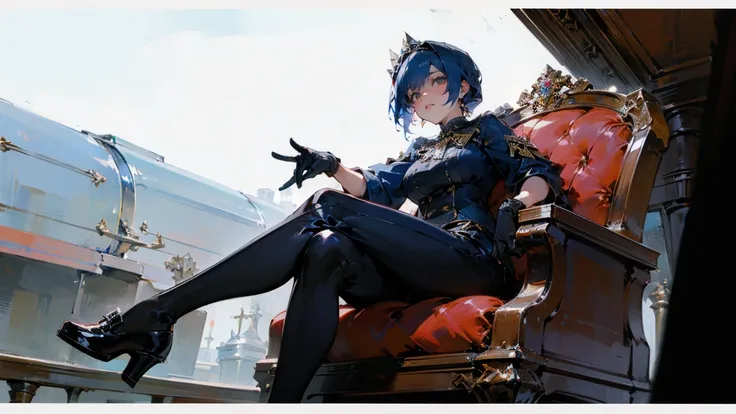 ((best quality)), Jewelry Packaging)),((1 Obese girl))，yacht，Cross your legs，Dark blue hair，Luxurious details everywhere，inside a train，Platform shoes，((Gloves))，（Nikolai Fehin），( Fisher, )，The background is the reservoir