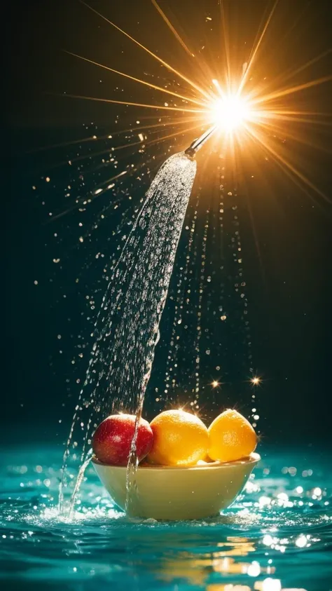 Summer Dream，The faucet washes the fruit in the sink，Dreamy lighting，The scattered water drops float in the air and sparkle in the sun，HD，Details，Best quality