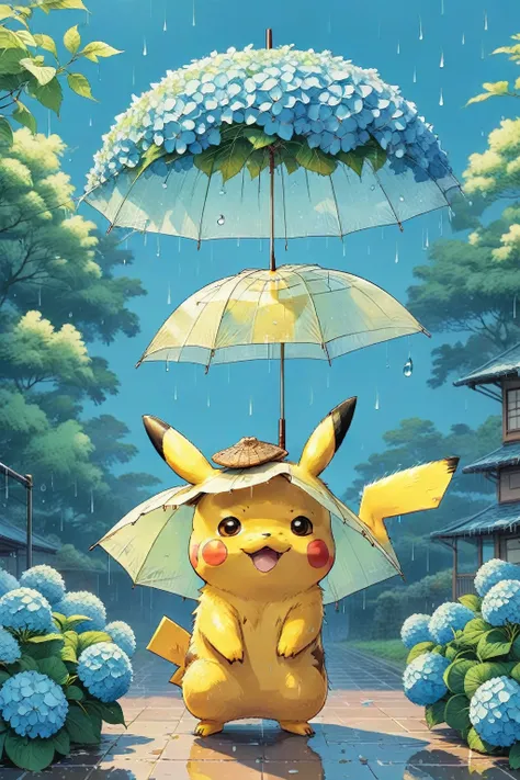 ((anime:1.4,illustration)),(masterpiece, top quality, best quality),(ultra-detailed, absolutely resolution),((16k, high res)),

(((A sphere made of hydrangeas, Pikachu standing on it,
Pikachu holding an umbrella, rain, light blue background))

((cozy lofi ...