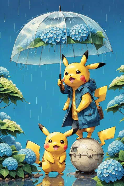 ((anime:1.4,illustration)),(masterpiece, top quality, best quality),(ultra-detailed, absolutely resolution),((16k, high res)),

(((A sphere made of hydrangeas, Pikachu standing on it,
Pikachu holding an umbrella, rain, light blue background))

((cozy lofi ...