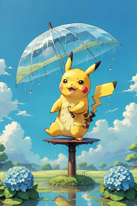 ((anime:1.4,illustration)),(masterpiece, top quality, best quality),(ultra-detailed, absolutely resolution),((16k, high res)),

(((A sphere made of hydrangeas, Pikachu standing on it,
Pikachu holding an umbrella, rain, light blue background))

((cozy lofi ...