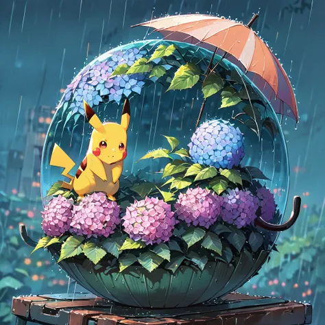 ((anime:1.4,illustration)),(masterpiece, top quality, best quality),(ultra-detailed, absolutely resolution),((16k, high res)),

(((A sphere made of hydrangeas, Pikachu standing on it,
Pikachu holding an umbrella, rain, light blue background))

((cozy lofi ...