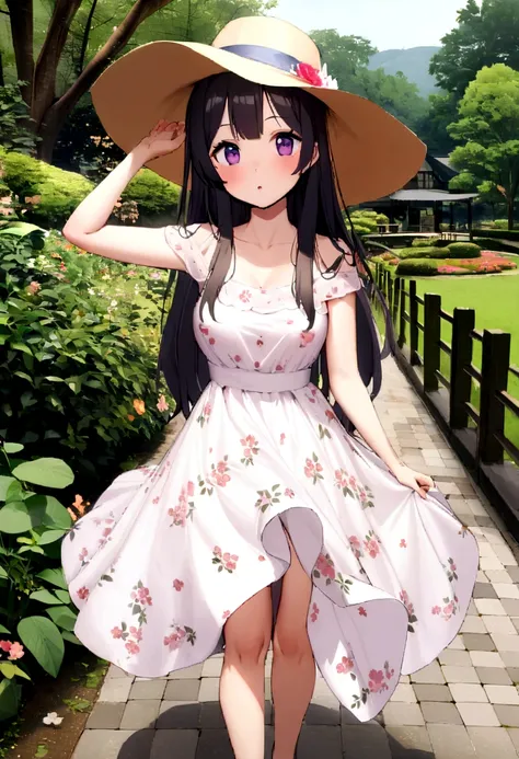 1girl in, 30 years old, Square face, Long hair, Looking at viewer, jewelry, Reality, Sexy, in a flowing A-line, floral dress complemented by a wide-brimmed hat, in a picturesque park or botanical garden