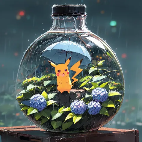 ((anime:1.4,illustration)),(masterpiece, top quality, best quality),(ultra-detailed, absolutely resolution),((16k, high res)),

(((A sphere made of hydrangeas, Pikachu standing on it,
Pikachu holding an umbrella, rain, light blue background))

((cozy lofi ...