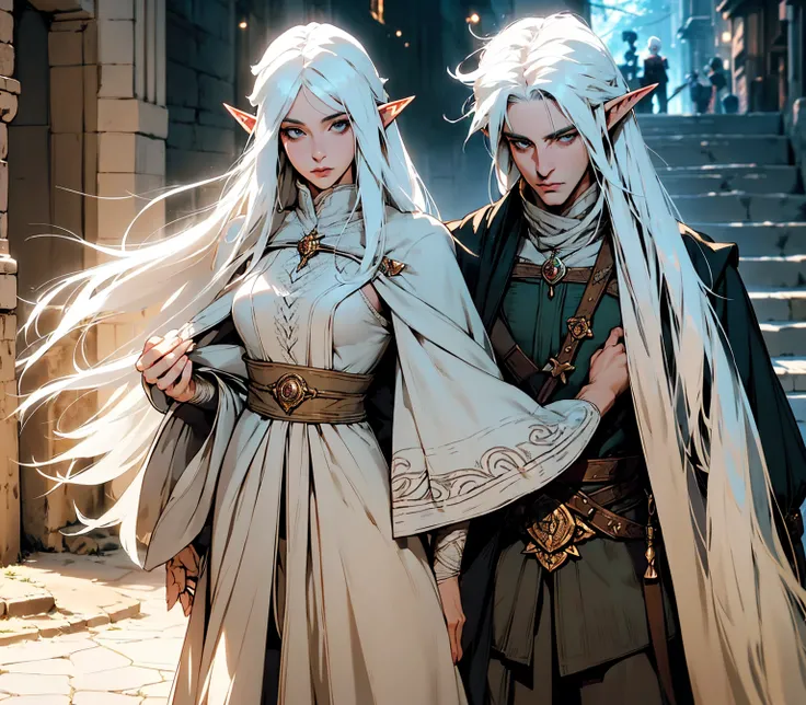 Male and female elf walking on the streets of a medieval city,(white hair handsome male elf:1.6), (woman elf white hair:1.6), {Obra de arte} {anatomically correct}, (1 male, 1 female:1.6), melhor qualidade, , cabelo longo, olhos vibrantes, vitorian attire,...