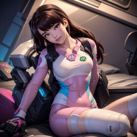 ((DVA from Overwatch)) without her mech, a woman with short brown hair in a (ponytail),she sits with her legs spread, high quality refelctions, volumetric lighting, she is wearing her classic thin tight figure hugging stretchy pink white and ((blue)) full ...