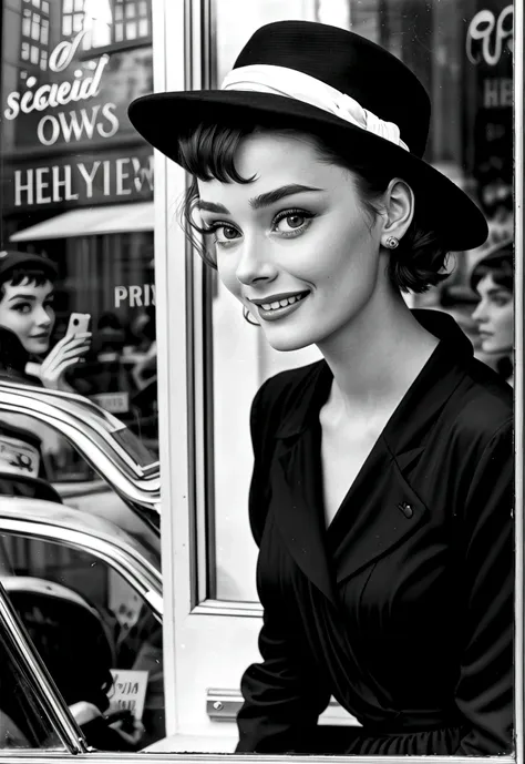 photograph of a 20-year-old woman who resembles audrey hepburn: short dark hair, large expressive eyes and an elegant, understat...