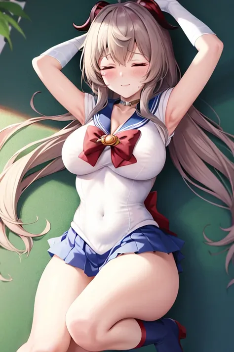 masterpiece, high definition, best quality, rendered art, well formed hands, fingers and body, 1 woman, solo, Ganyu, goat horns , adult, grown up, wearing Sailor Moons outfit, big breasted, cleavage, full body, sexy sailor senshi uniform, short blue skirt,...