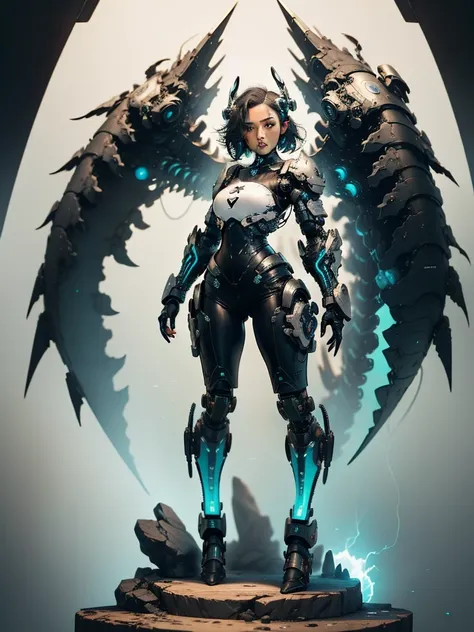 a cyborg female robot warrior, detailed metallic body, short cyberpunk hair, glowing blue circuits, futuristic technorganic armo...