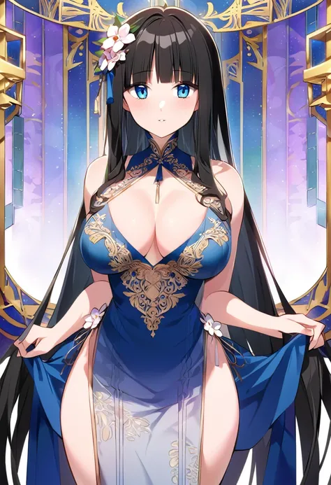 A stunningly beautiful anime girl named Hana, aged 28, standing elegantly in the center of the frame. She has long flowing raven-black hair that cascades down past her shoulders, framing her delicate features perfectly. Her eyes are a captivating shade of ...