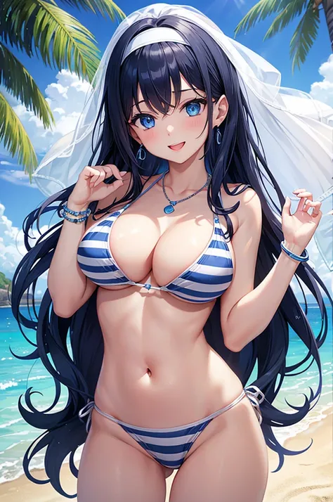 Highest quality、Highest quality、masterpiece、Beauty(Age 25)、Navy blue long hair、blue eyes、Sexy White Bikini(Dark stripes)、Big cleavage、(Big Breasts)、smile、blue necklace、Blue Earrings、background(Beach)、Please open your mouth wide、White headband、bracelet、Dyna...