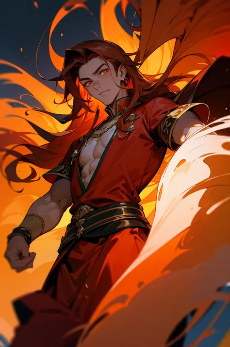 High-quality digital painting of a young man with long flowing brown hair and piercing orange eyes, adorned in majestic royal attire, controlling vibrant flames with a single pair of enormous crimson wings sprouting from his back, intense and powerful, det...