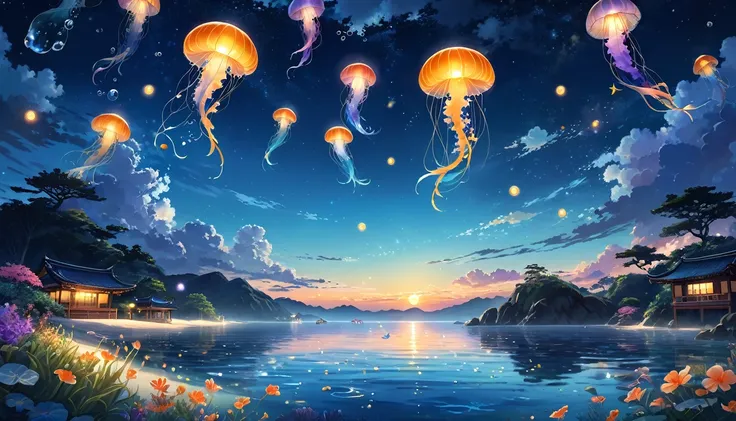 (In the water:1.4)，Ocean，colorfulなサンゴ礁，School of tropical fish，Light，bubble，jellyfish，Ocean藻，(浅いOcean:1.4)，Sunlight、Fantasy，Ocean底，float、Highest quality、masterpiece、cloud、colorful、Starry Sky、
landscape、landscape、Orange sunrise、Create digital illustrations ...