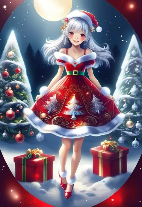 FrostedStyle, cute girl wearing red Christmas dress is holding Christmas present, big happy smile with closed eyes,
(snowy forest, moonlight, Christmas trees), (sparkles, sparkling clothes, sparkling eyes),