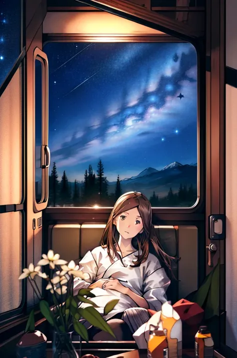 ((((Hyper quality)))), Anime style, the view from the window of a running sleeper train, a girl sitting on a seat looking at the scenery, brown hair, black diamond eyes, disheveled semi-length hair, the view outside is space starry sky, beautiful stars, ga...