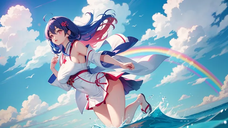 1个 Girl with round breasts, Looks to the right slightly, Has a red face, is shy, pink lips, Vivid expressions, Japanese euphoria, Serafuku, Blue hair, Light sky blue background with a rainbow, full body