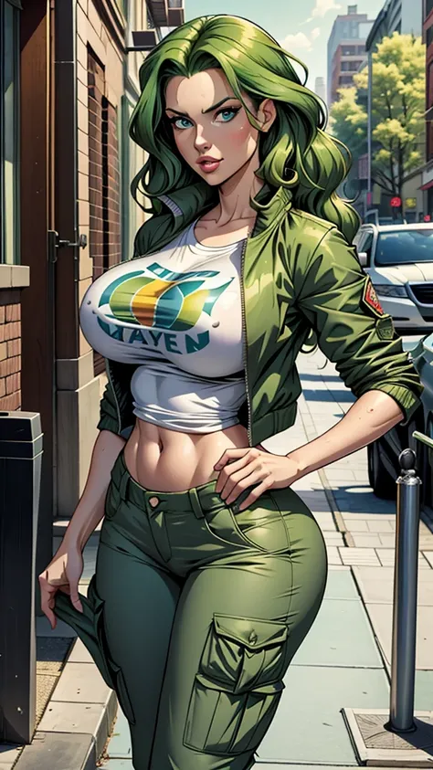 Tall stature, long, wavy green hair.  Bright and expressive light blue eyes. She was wearing cargo pants, a printed t-shirt and a waterproof jacket, big ass, big hip. Busty. Comic style