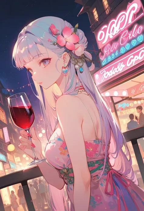 One girl,Drinking wine、In love, Multicolored Hair, Shoulder-length hair, Retro costumes, High heels, Sideways glance, Hyper Pop, Night view, Retro feel, overview, masterpiece, Highest quality,