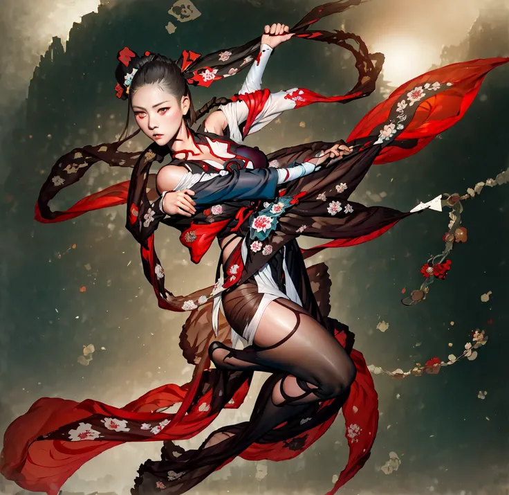 Hermosa mujer pelirosa de cuerpo curbiado , pechos grandes, lleva una bufanda 🧣 rojo, mujer ninja con una katana, de pechos grandes y sobre saliendo, rustic kimono, cold look and beautiful praise 